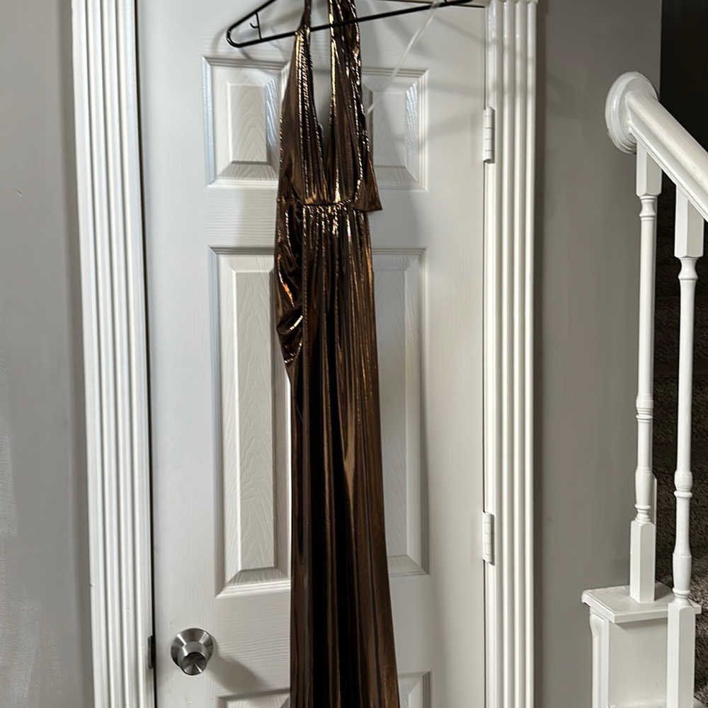 Hot Miami Styles Dresses.Bronze Satin low plunge Halter Maxi Dres.. Size small